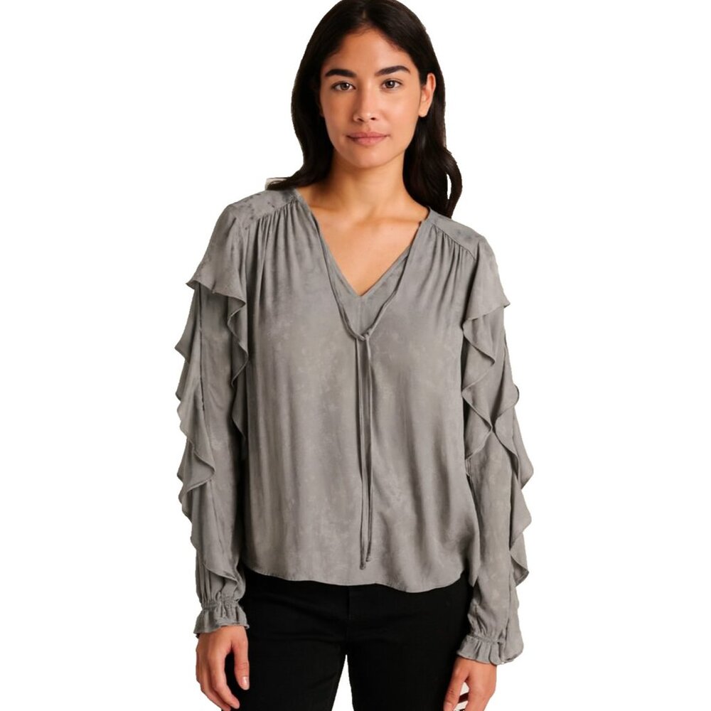 Current Air Anthropologie Womens‎ Top Medium Sage Green Ruffle BOHO Heart Print